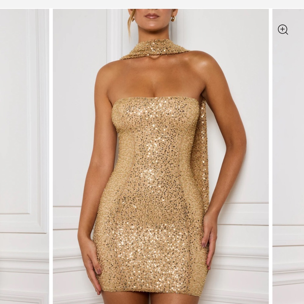 Oh Polly Embellished Scarf-Detail Mini Dress in Gold